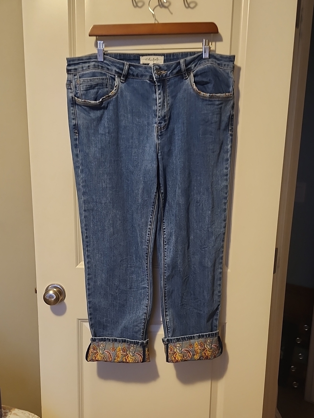 CHARLIE B Medium Blue Boyfriend Capri with Paisley Cuff